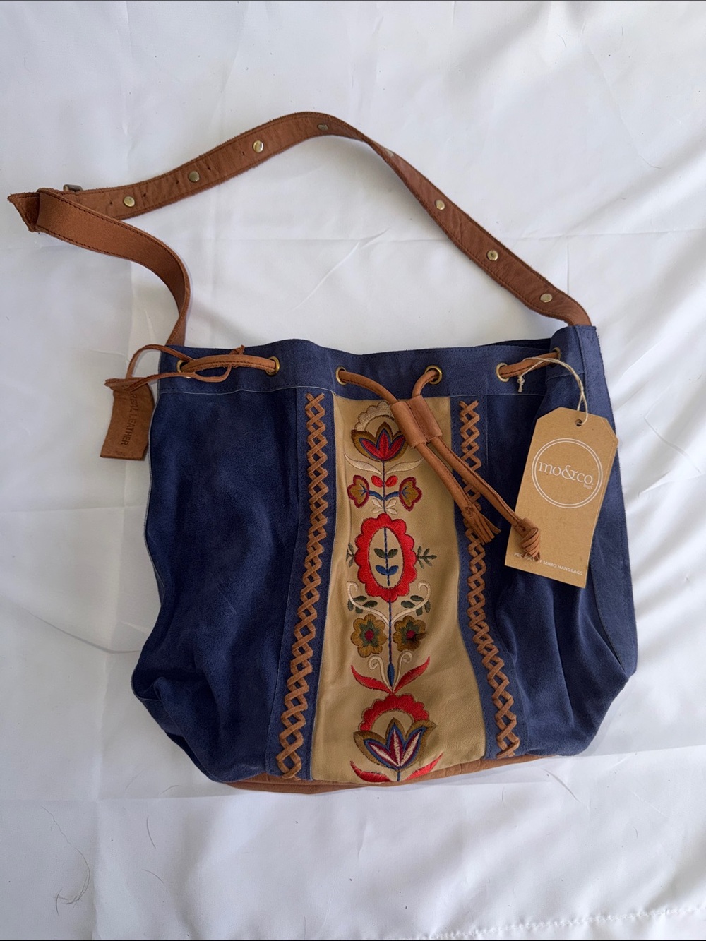Mo & Co NWT Cascadia Blue Suede Leather Floral Embroidered Bucket Crossbody Bag